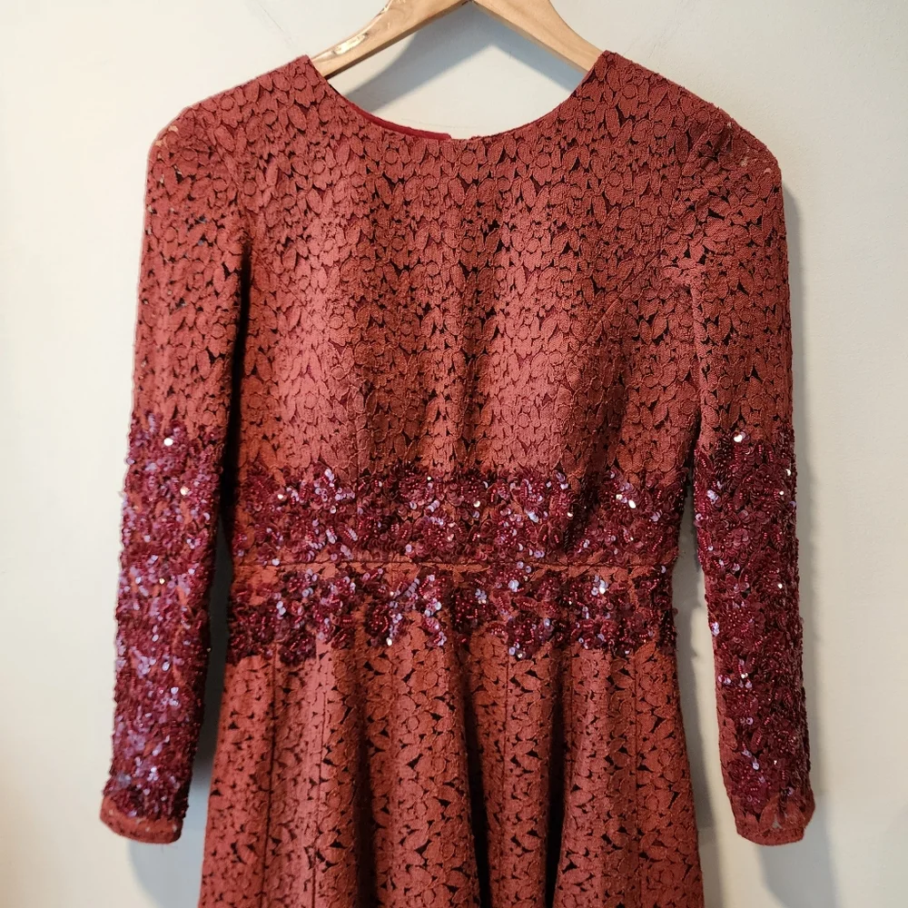 Manishii Rust/Ruby Sequin Embroidered Lace Anarkali Gown Dress Pakistani - Picture 3 of 11